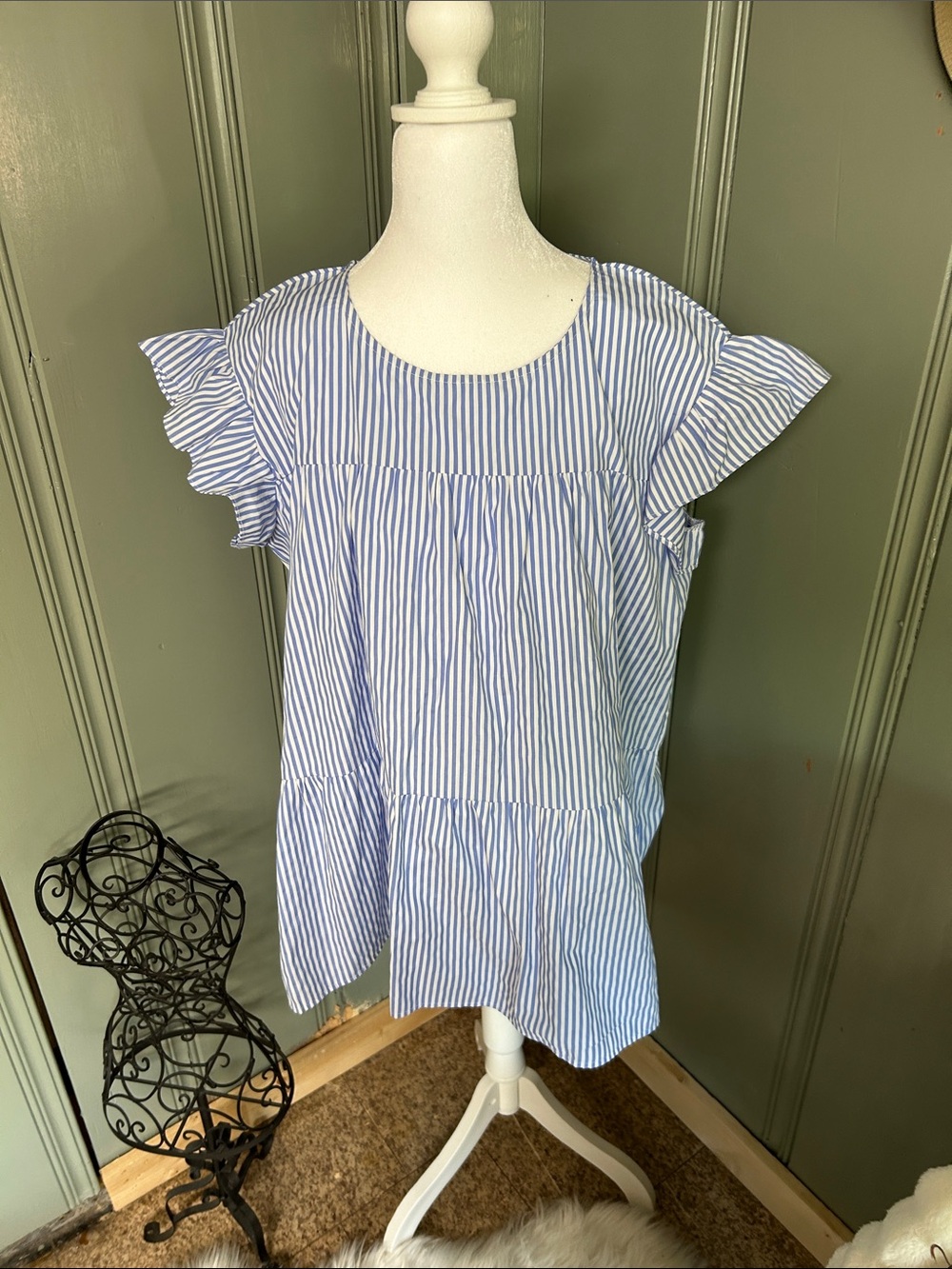 Blue Striped Ruffle Sleeve Women's Top